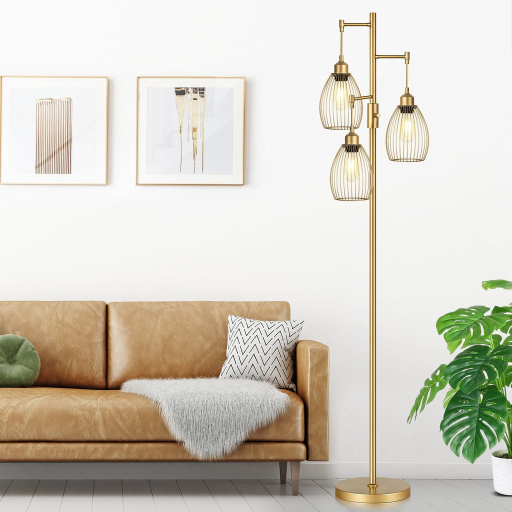 Dimmable Floor Lamp, Industrial Floor Lamps for Living Room, Gold Tree Lamp Standing Lamp Tall Lamps with 3 Elegant Teardrop Cage Head & 800 Lumens LED Bulbs for Living room Bedroom Office Dining Room