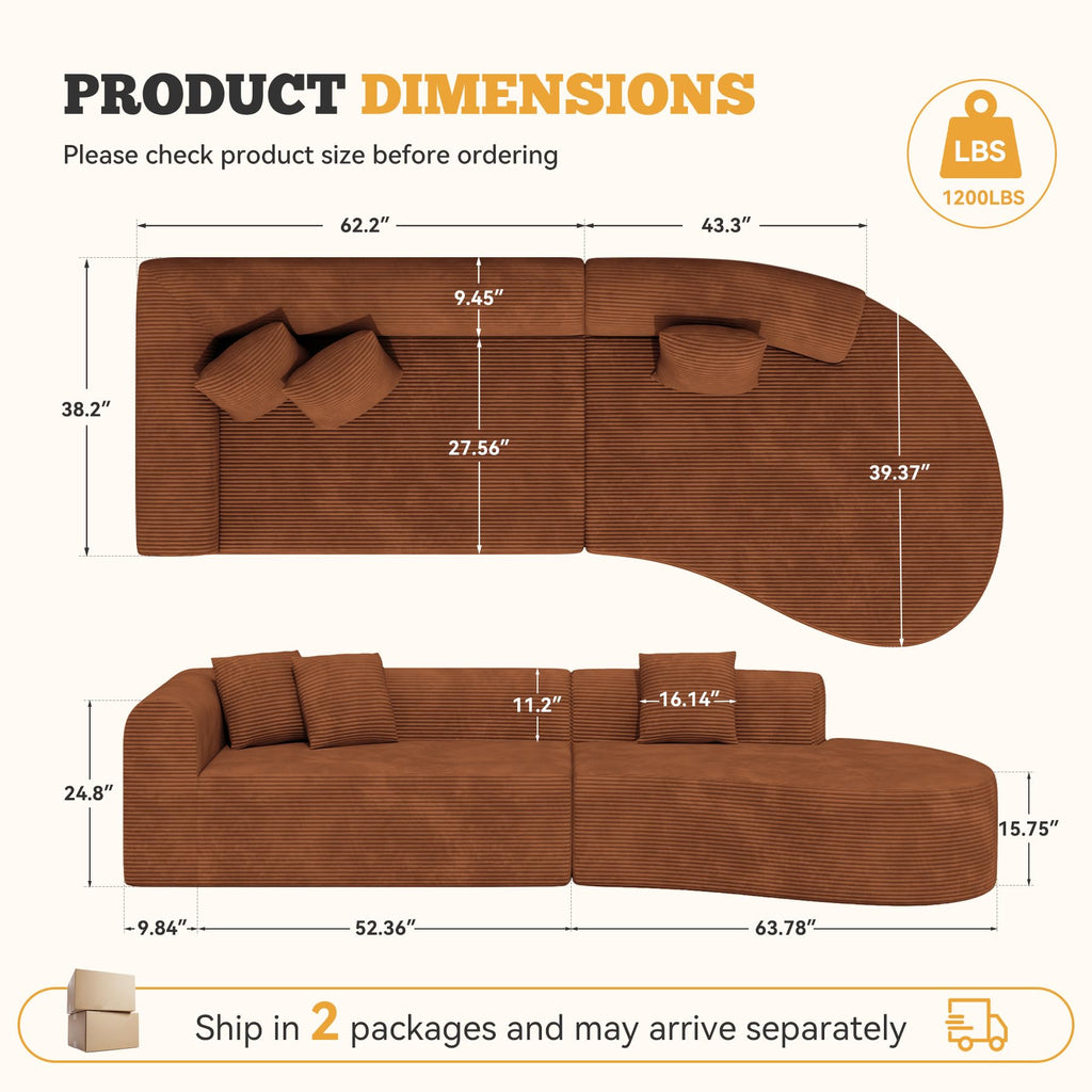 126" Curved Modular Sectional Sofa, Modern Boneless Couches for Living Room,No Assembly Required Cloud Couch,Brown Corduroy Fabric,1 PCS