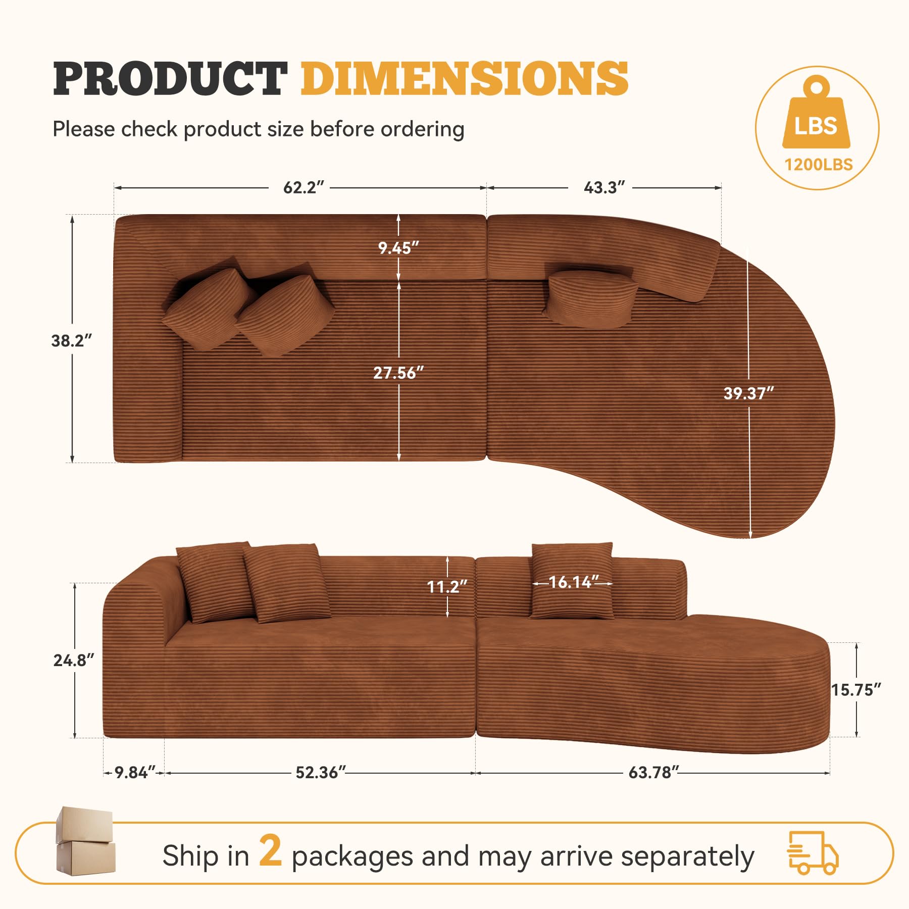 126" Curved Modular Sectional Sofa, Modern Boneless Couches for Living Room,No Assembly Required Cloud Couch,Brown Corduroy Fabric,1 PCS
