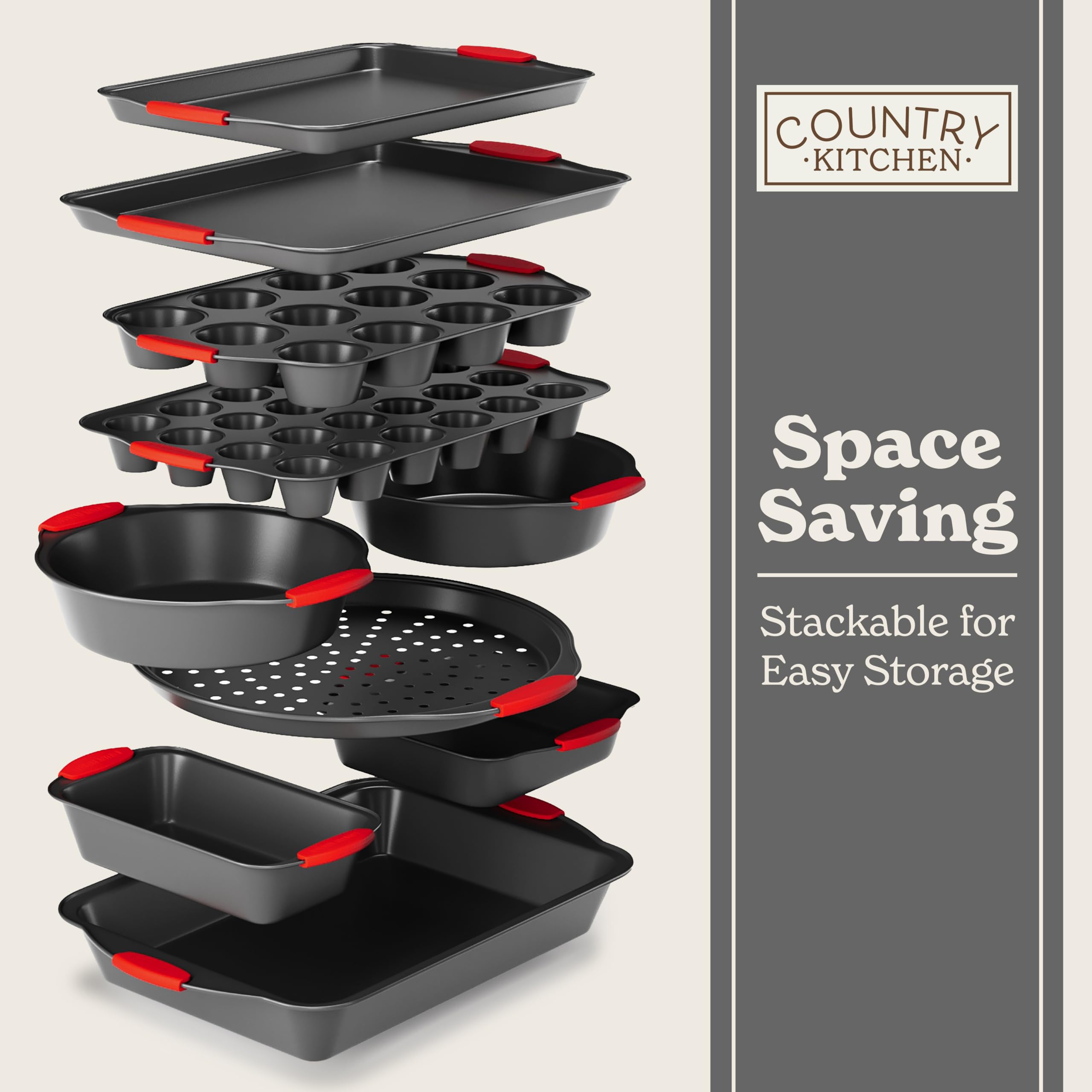 Country Kitchen Nonstick Stackable Bakeware Set - Durable, Easy Release Baking Set- 22 Pc. Includes Silicone Muffin Cups