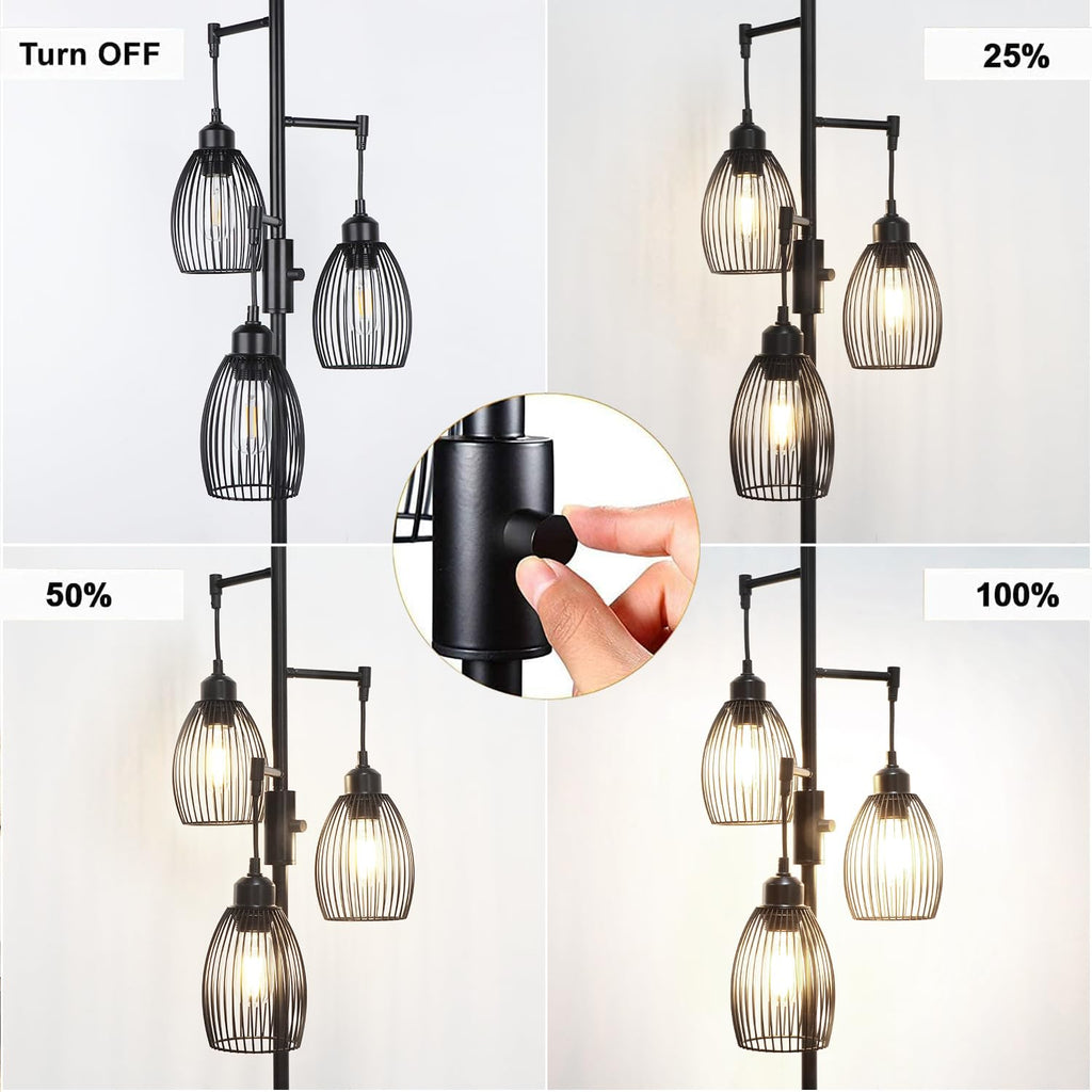 Dimmable Floor Lamp, Industrial Floor Lamps for Living Room, Gold Tree Lamp Standing Lamp Tall Lamps with 3 Elegant Teardrop Cage Head & 800 Lumens LED Bulbs for Living room Bedroom Office Dining Room