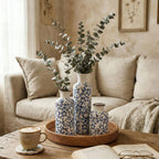 Blue Ceramic Vase Set - 3 Blue Small Vases, Farmhouse Country Flower Vase Home Decor, Living Room Decoration, Table Decoration, Fireplace Decor, and Entrance Decorations Centerpieces