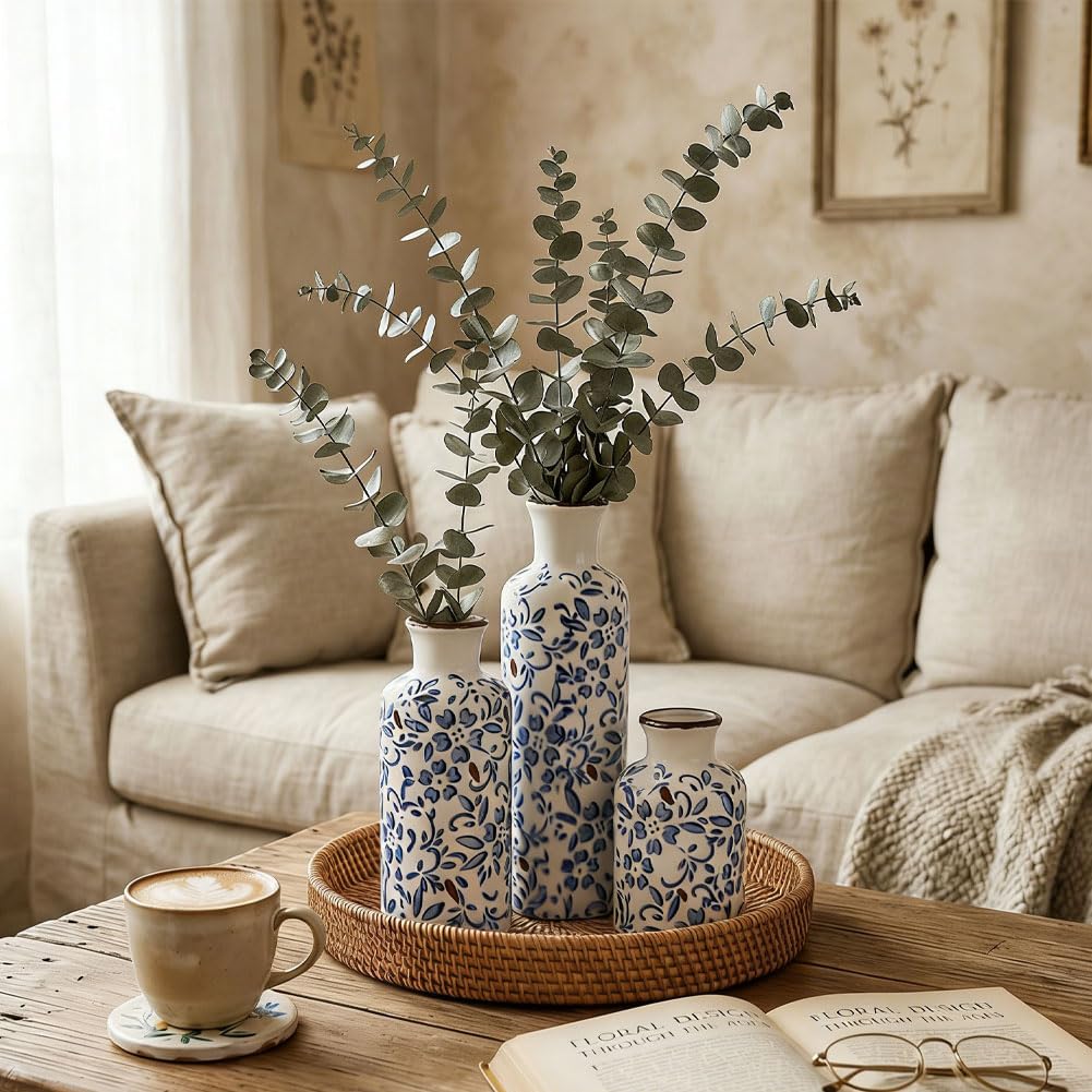 Blue Ceramic Vase Set - 3 Blue Small Vases, Farmhouse Country Flower Vase Home Decor, Living Room Decoration, Table Decoration, Fireplace Decor, and Entrance Decorations Centerpieces