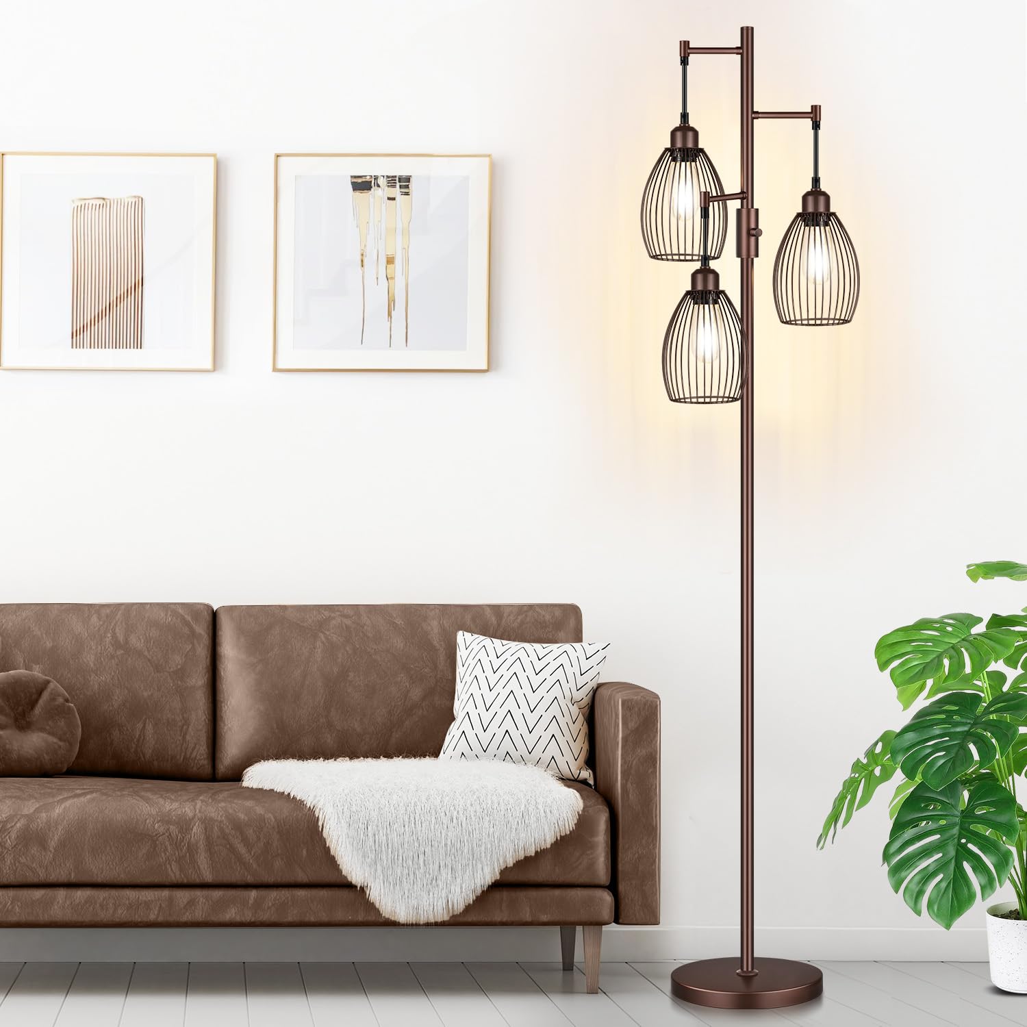 Dimmable Floor Lamp, Industrial Floor Lamps for Living Room, Gold Tree Lamp Standing Lamp Tall Lamps with 3 Elegant Teardrop Cage Head & 800 Lumens LED Bulbs for Living room Bedroom Office Dining Room