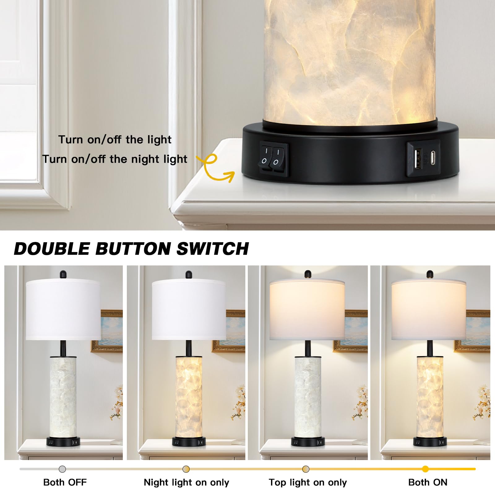 29" Gold Modern Table Lamps Set of 2, 3-Way Dimmable Touch Lamps for Nightstand with USB A+C & Outlets,Brass Lamps for Living Room, Bedroom, Nightstand, Entryway(2 Bulbs Included)