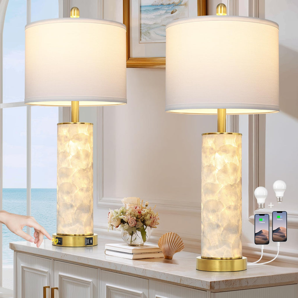 29" Gold Modern Table Lamps Set of 2, 3-Way Dimmable Touch Lamps for Nightstand with USB A+C & Outlets,Brass Lamps for Living Room, Bedroom, Nightstand, Entryway(2 Bulbs Included)