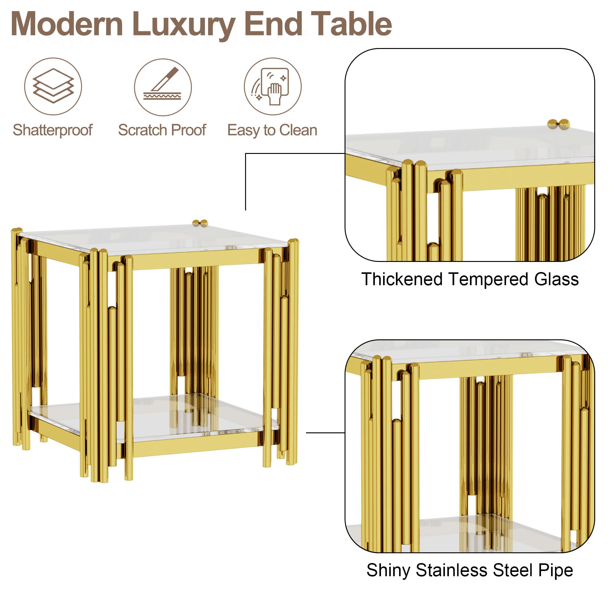 Luxury Gold Square Glass End Table, 19.7" Modern Side Table with Stainless Steel Irregular Leg Clear Tempered Glass Tabletop, Accent Furniture for Living Room, Clear