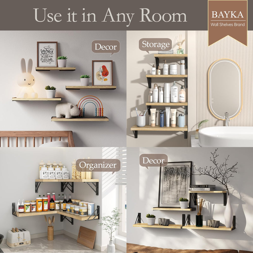 BAYKA Floating Shelves for Bedroom Decor, Wall Shelves for Storage, Wall Mounted Rustic Wood Floating Shelf for Books,Corner Shelf for Bathroom,Kitchen,Living Room(Black and Gold，Set of 4)