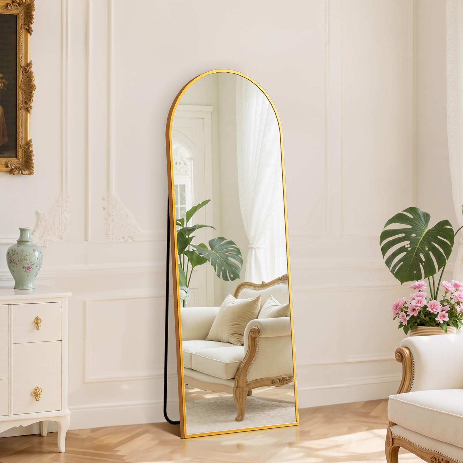 DUMOS Arched Full Length Mirror with Stand 64"x21" Floor Standing Aluminum Frame for Bedroom Body Hanging Leaning Modern Simple Home Decor Shatter-proorf Nano Glass Wall Living Room Cloakroom Black