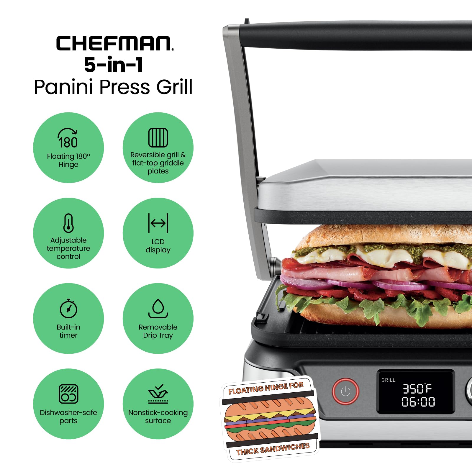 Chefman Panini Press Grill and Gourmet Sandwich Maker Non-Stick Coated Plates, Opens 180 Degrees to Fit Any Type or Size of Food, Stainless Steel Surface and Removable Drip Tray, 4 Slice, Black