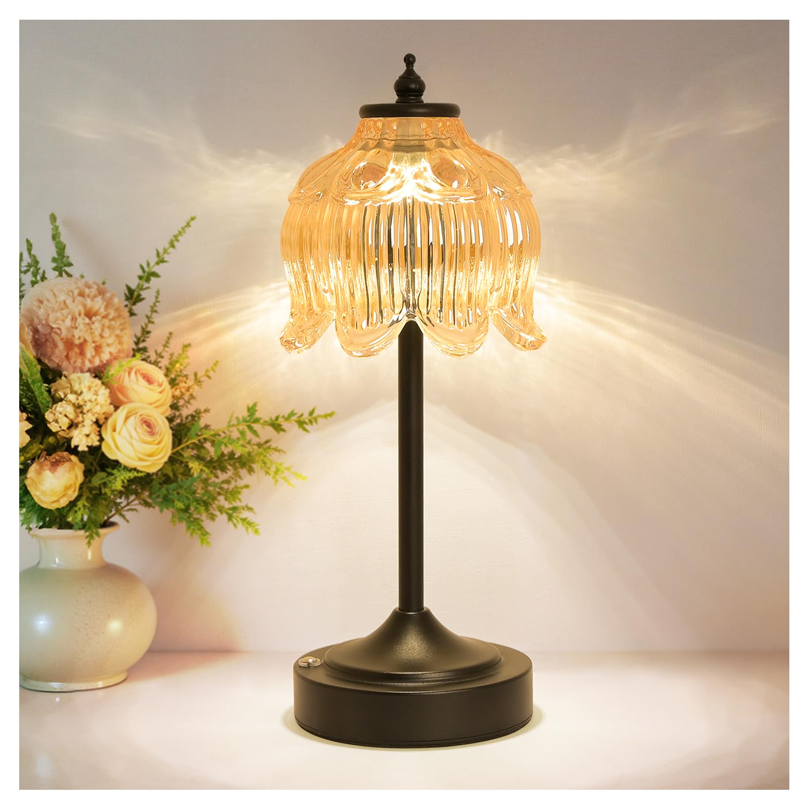 Cordless Lotus Flower Table Lamp, 5200mAh Rechargeable Battery Operated Portable Lamp, 3-Color Dimmable Touch Control Small Desk Lamp for Bedroom, Office, Kitchen, Nightstand,Room Decor (Flower Amber)