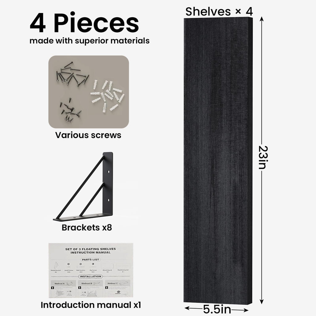 BAYKA Floating Shelves for Bedroom Decor, Wall Shelves for Storage, Wall Mounted Rustic Wood Floating Shelf for Books,Corner Shelf for Bathroom,Kitchen,Living Room(Black and Gold，Set of 4)