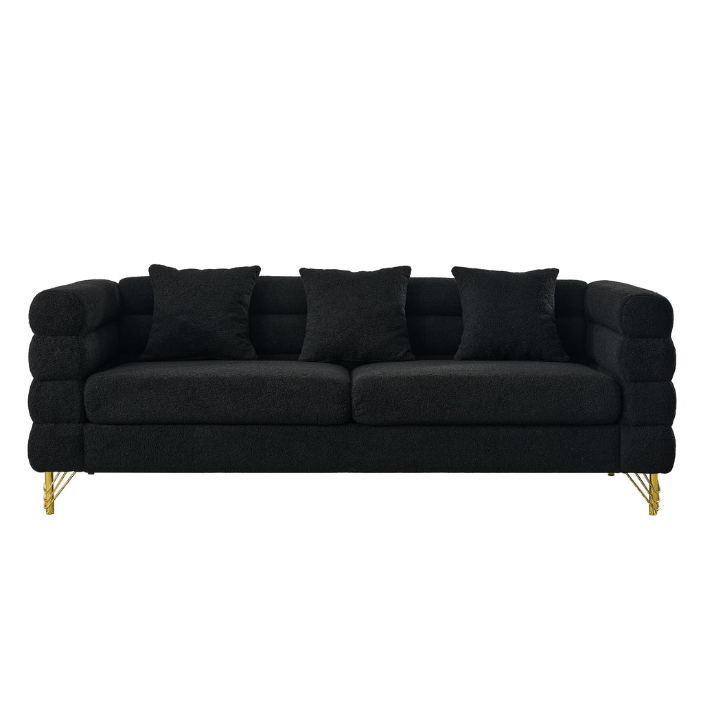 mikibama Modern Teddy Sectional Sofa, 81 Inch Oversized Sofa Couch, Luxury 3 Seater Deep Couch with 3 Pillows and Gold Metal Legs for Living Room, Bedroom, Apartment (Black)
