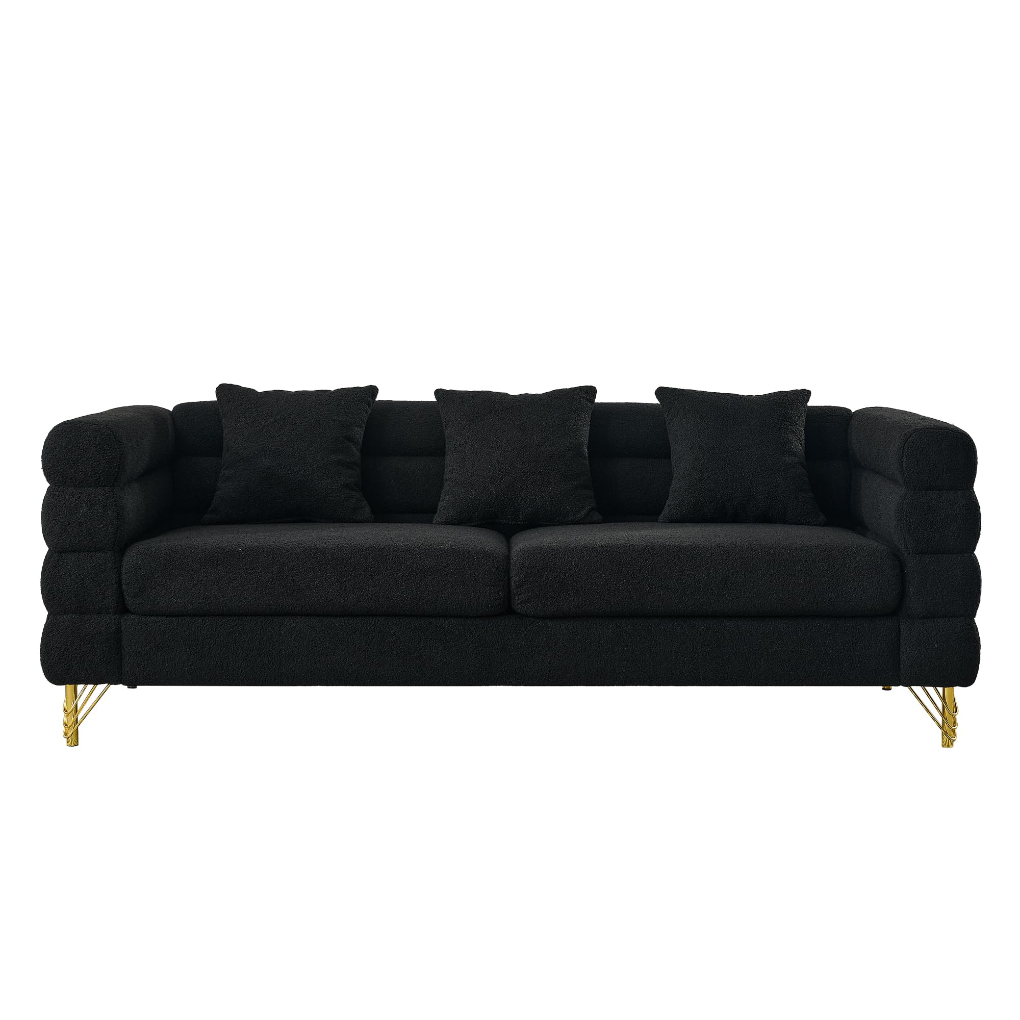 mikibama Modern Teddy Sectional Sofa, 81 Inch Oversized Sofa Couch, Luxury 3 Seater Deep Couch with 3 Pillows and Gold Metal Legs for Living Room, Bedroom, Apartment (Black)