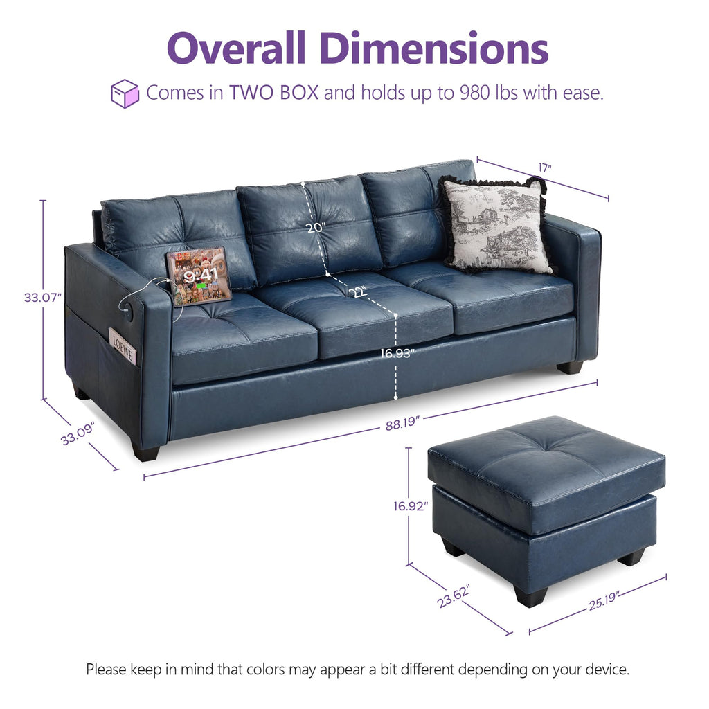 TYBOATLE 88" W Blue Faux Leather L Shaped Sectional Couches w/Side Pockets, Comfy Modular Convertible Sofas w/USB, Office Sofa Set with Chaise for Living Room, Bedroom (Blue, 3L)