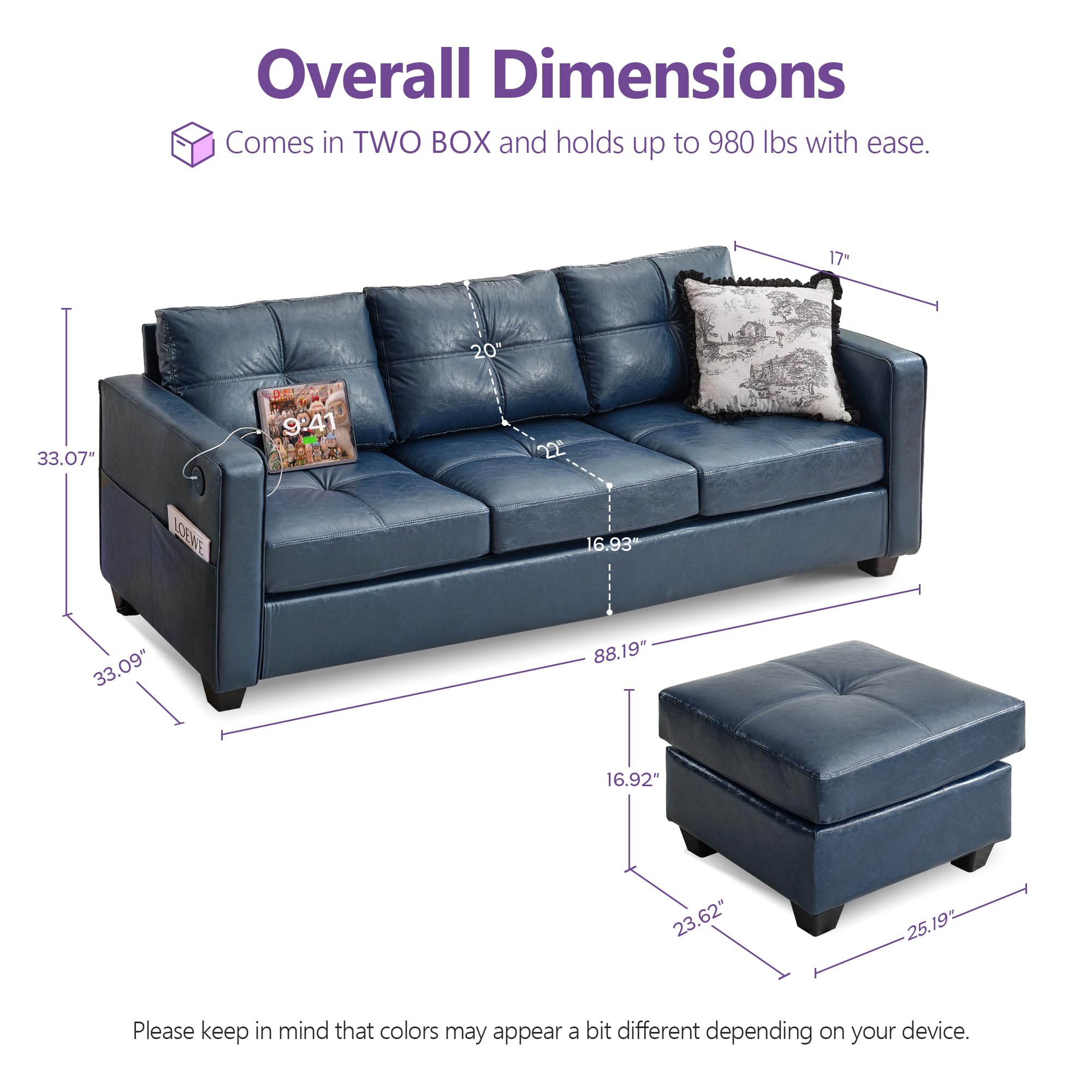 TYBOATLE 88" W Blue Faux Leather L Shaped Sectional Couches w/Side Pockets, Comfy Modular Convertible Sofas w/USB, Office Sofa Set with Chaise for Living Room, Bedroom (Blue, 3L)