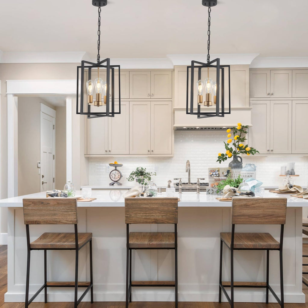 Black Gold Chandelier for Dining Room, Modern Farmhouse 3 Light Entryway Pendant Light Fixture Adjustable Geometric Industrial Rustic Foyer Light for Living Room Kitchen Island Hallway Bedroom