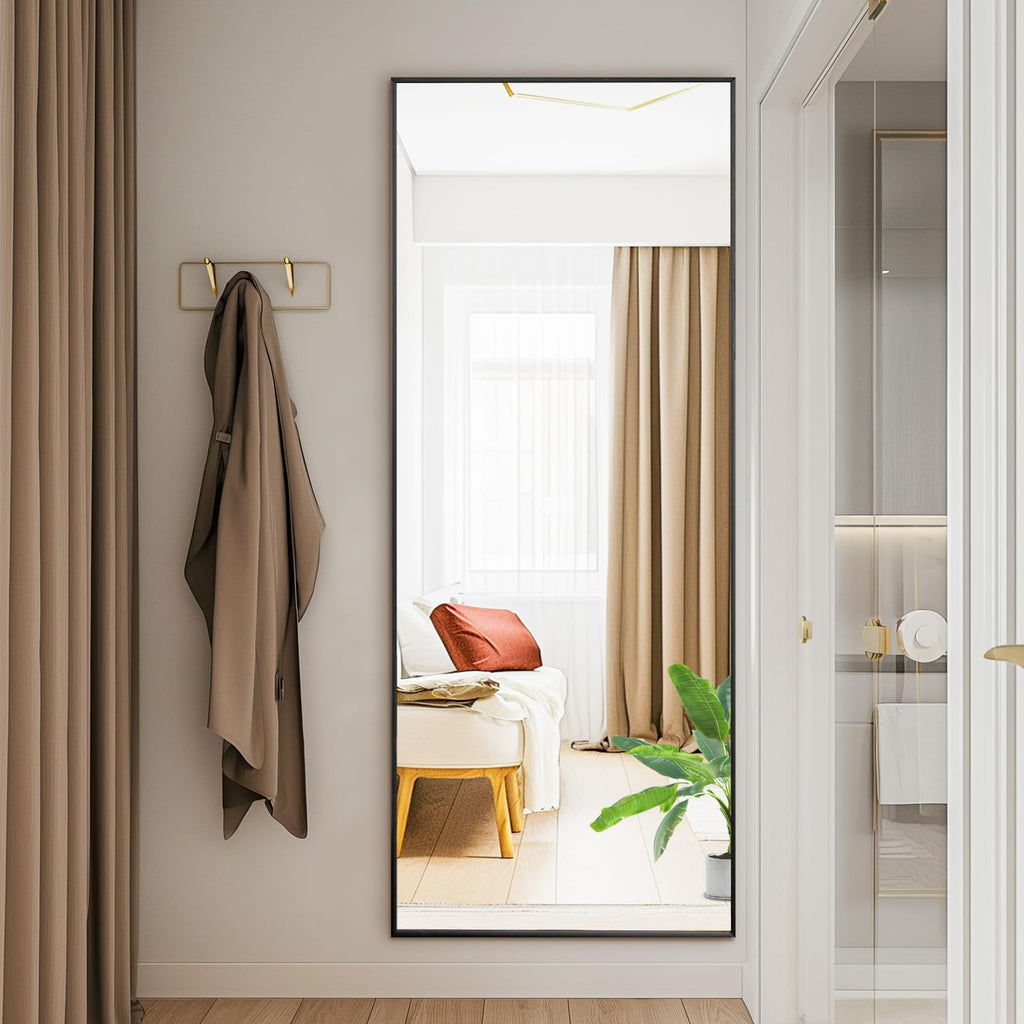 DUMOS Arched Full Length Mirror with Stand 64"x21" Floor Standing Aluminum Frame for Bedroom Body Hanging Leaning Modern Simple Home Decor Shatter-proorf Nano Glass Wall Living Room Cloakroom Black