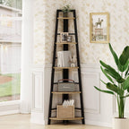 BON AUGURE 5-Tier Corner Ladder Shelf Stand, Black Metal Wood Corner Bookshelf, Narrow Tall Display Bookcase Shelving Unit for Living Room, Home Office, Small Space (Rustic Oak)