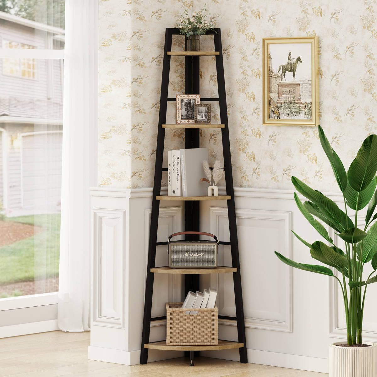 BON AUGURE 5-Tier Corner Ladder Shelf Stand, Black Metal Wood Corner Bookshelf, Narrow Tall Display Bookcase Shelving Unit for Living Room, Home Office, Small Space (Rustic Oak)