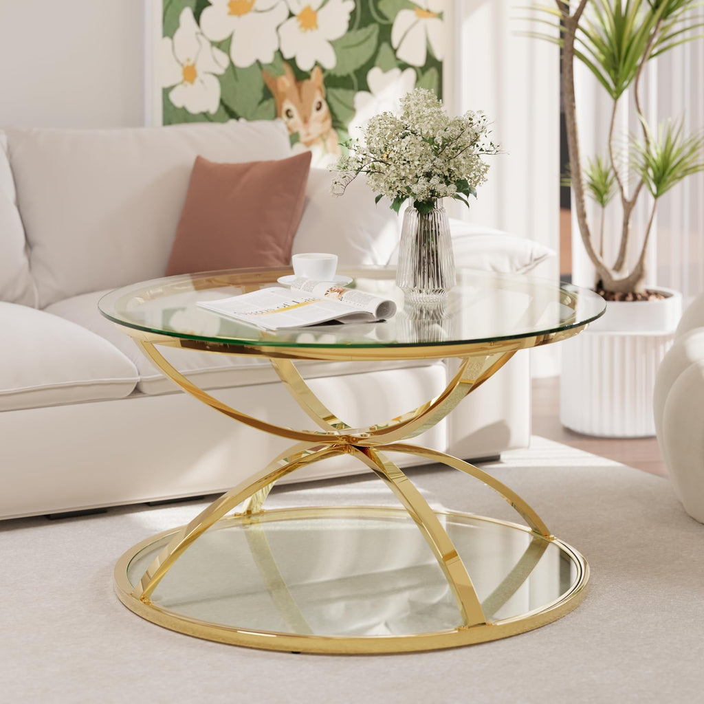 32" Tempered Glass Round Coffee Table Modern Gold Frame Ring Base Single-Layer Circle Living Room Center Tables