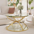 32" Tempered Glass Round Coffee Table Modern Gold Frame Ring Base Single-Layer Circle Living Room Center Tables