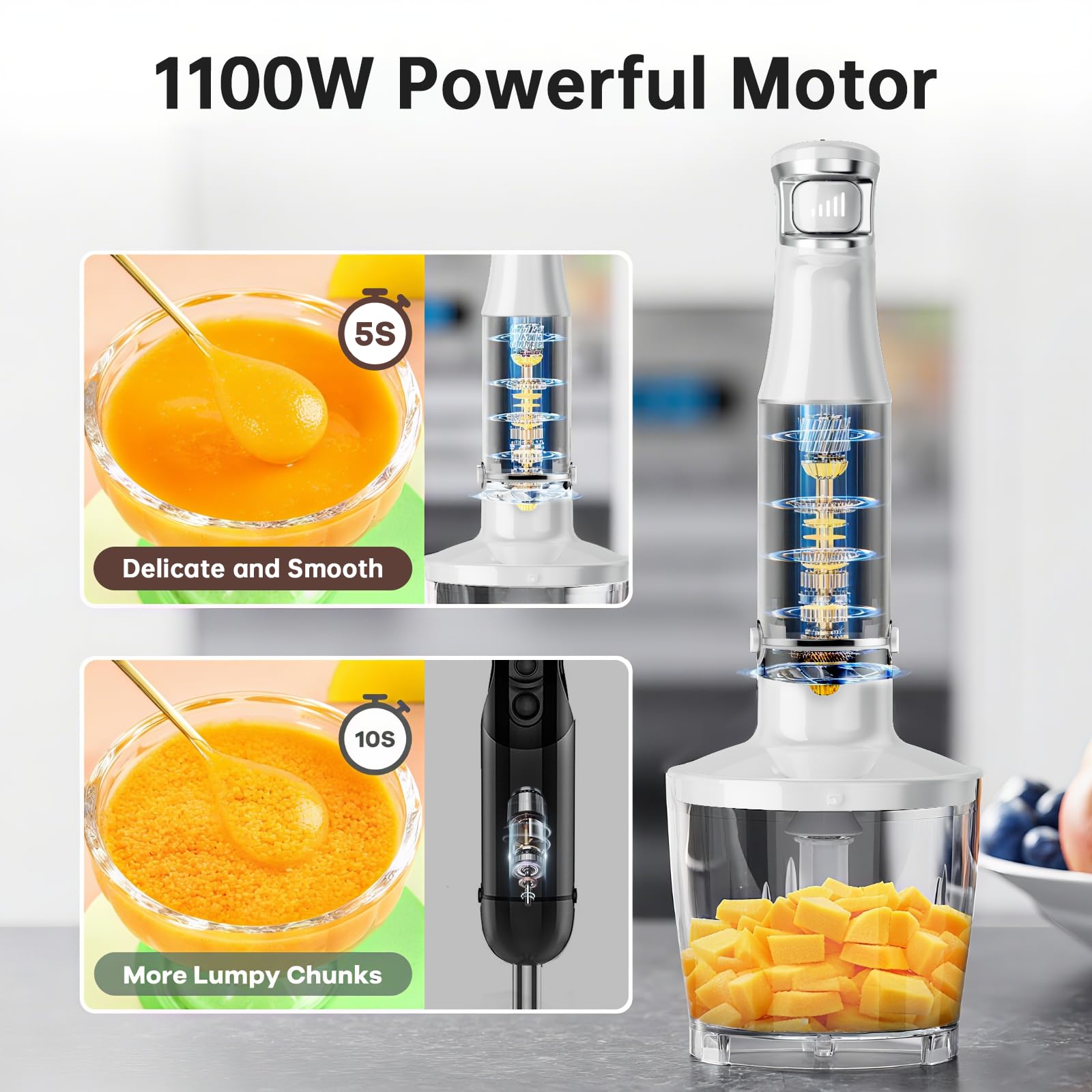 Turelar Immersion Blender Handheld Corded Hand Blenders Set 1100W, Trigger Variable Speed 5 in 1 Stick Emulsifier with Chopper, Whisk and Frother for Soup, Baby Food and Smoothies, Navy Blue