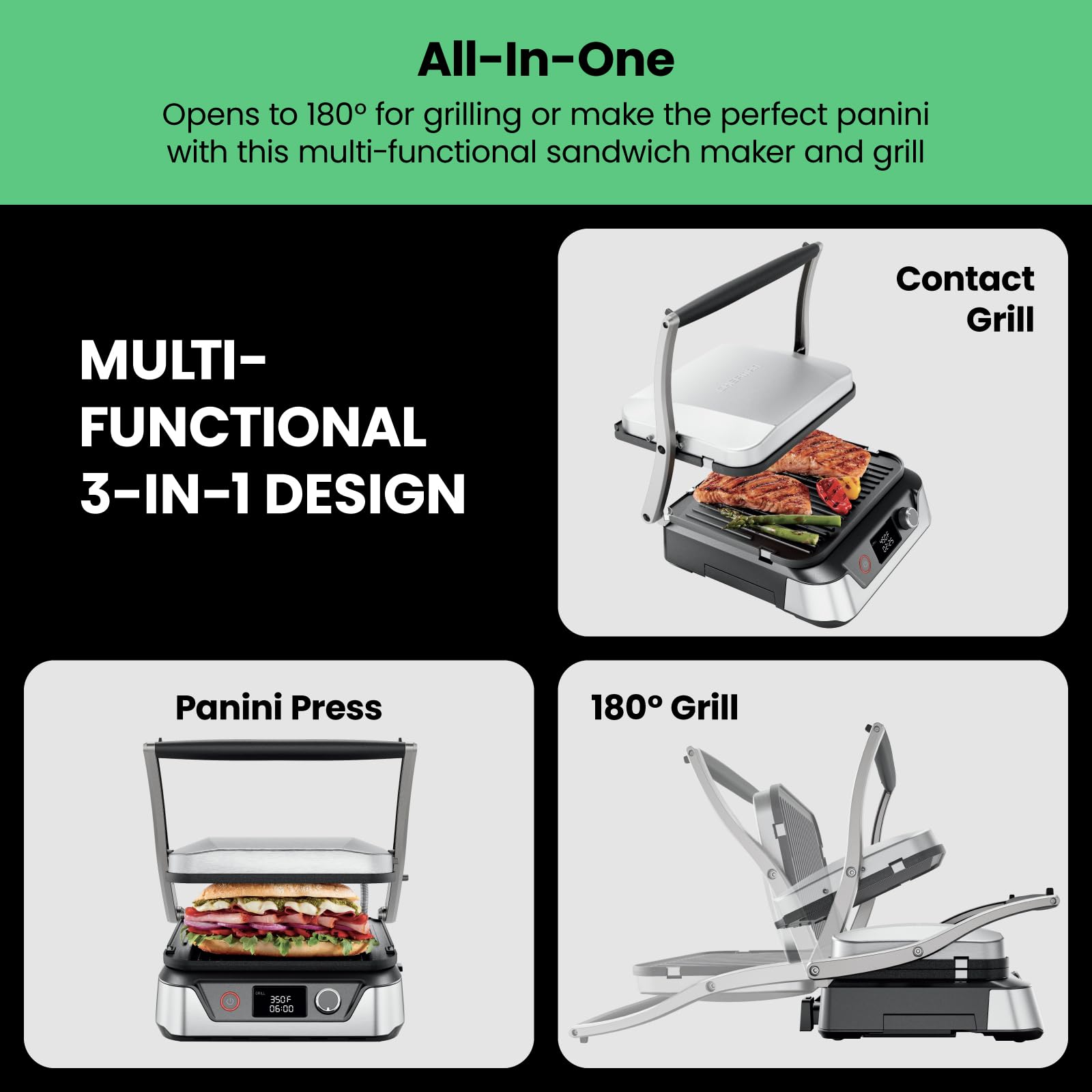 Chefman Panini Press Grill and Gourmet Sandwich Maker Non-Stick Coated Plates, Opens 180 Degrees to Fit Any Type or Size of Food, Stainless Steel Surface and Removable Drip Tray, 4 Slice, Black