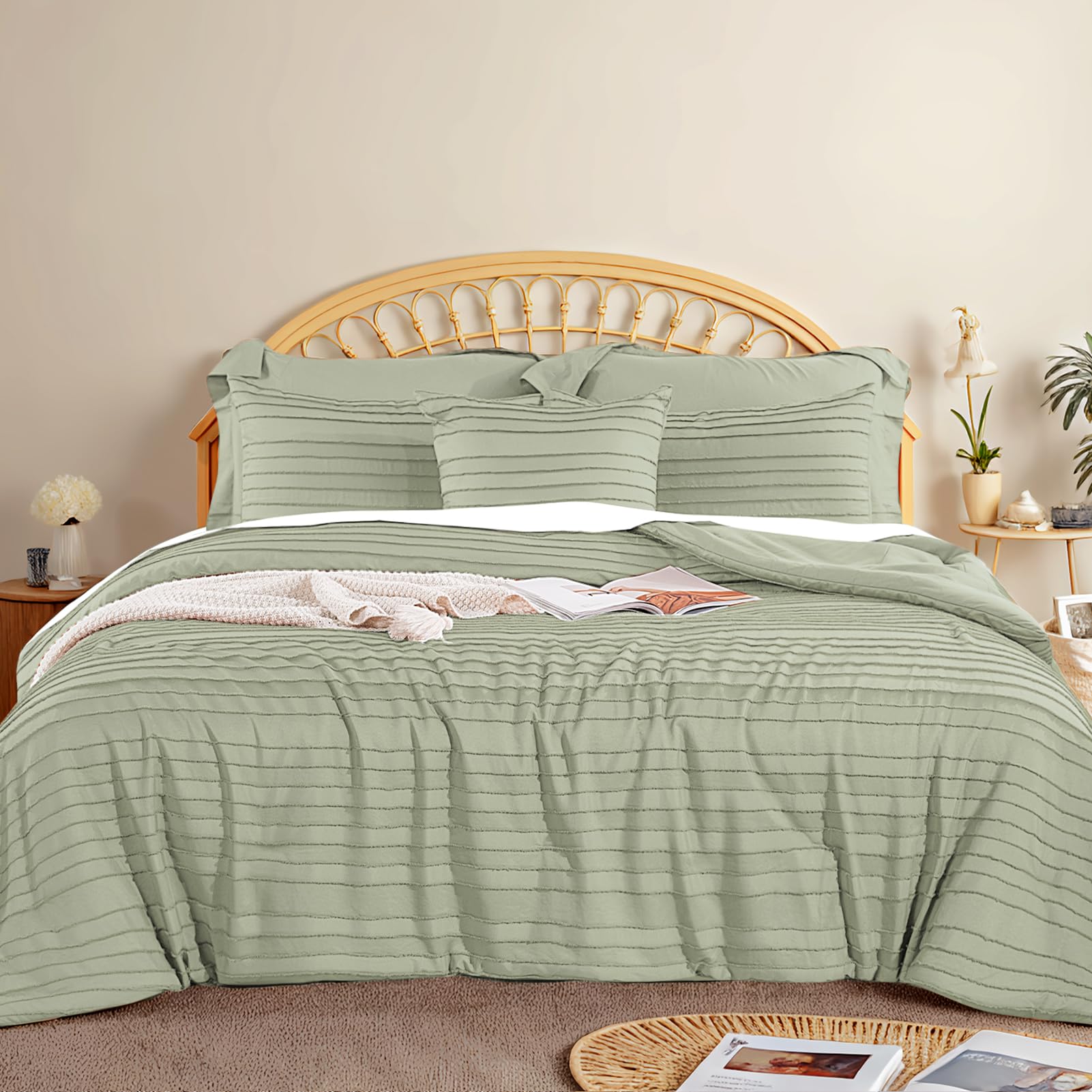 NEXHOME PRO Tufted Boho Comforter Set King, 8 Piece Bed in a Bag, Ultra Soft Brushed Microfiber All-in-One Bedding, Lightweight All Season Comforter, Machine Washable, Sage Green