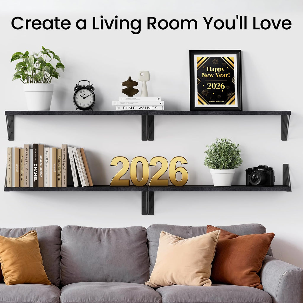BAYKA Floating Shelves for Bedroom Decor, Wall Shelves for Storage, Wall Mounted Rustic Wood Floating Shelf for Books,Corner Shelf for Bathroom,Kitchen,Living Room(Black and Gold，Set of 4)