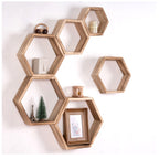 WONFUlity Hexagon Floating Shelves Honeycomb Shelves Wall Mounted Wood Farmhouse Storage Wall Shelf for Bathroom, Kitchen, Bedroom, Living Room,Driftwood Finish Decor,Dark Brwon