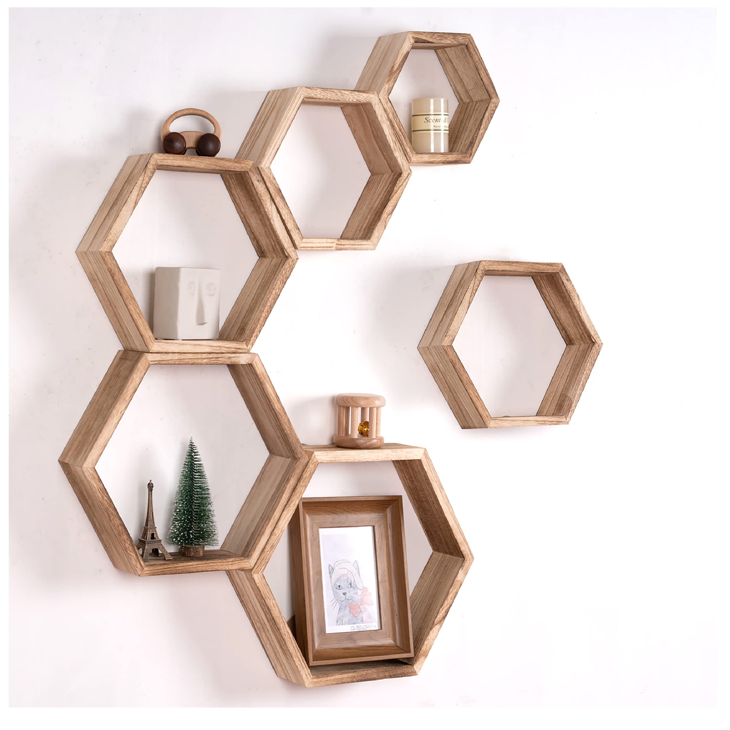WONFUlity Hexagon Floating Shelves Honeycomb Shelves Wall Mounted Wood Farmhouse Storage Wall Shelf for Bathroom, Kitchen, Bedroom, Living Room,Driftwood Finish Decor,Dark Brwon