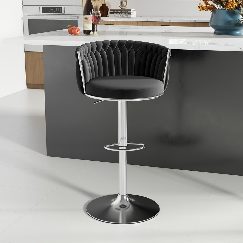 ABET Gold Bar Stool Set of 2, Velvet Swivel Barstools, Height Adjustable Counter Stools with Woven Back, Upholstered Modern Luxury Kitchen Stools with Footrest for Cafe, Pub, Black