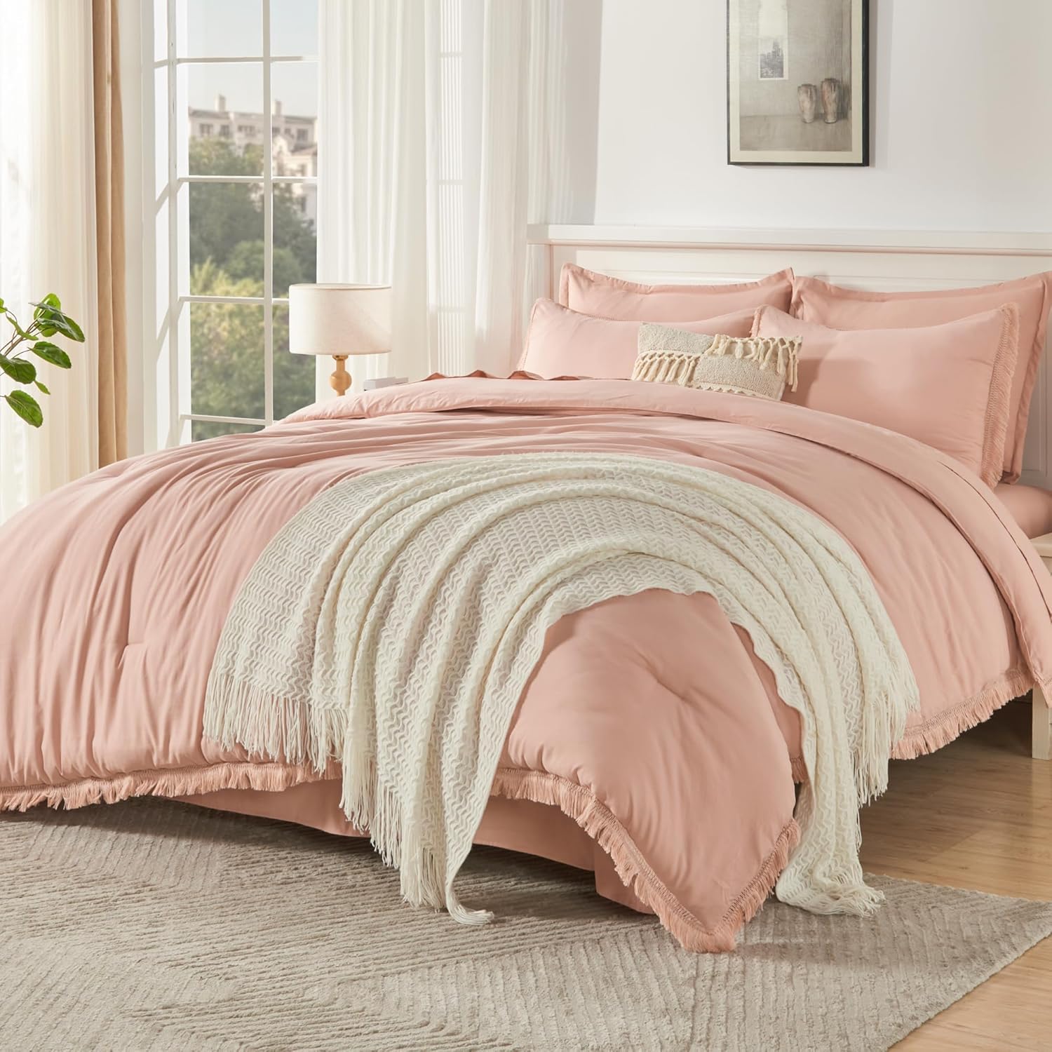 Andency King Size Comforter Set with Sheets Light Pink - 7 Pieces Bed in a Bag Boho Soft Lightweight Bedding Sets, Tassel Bed Set with Comforter, Sheets, Pillowcases & Shams