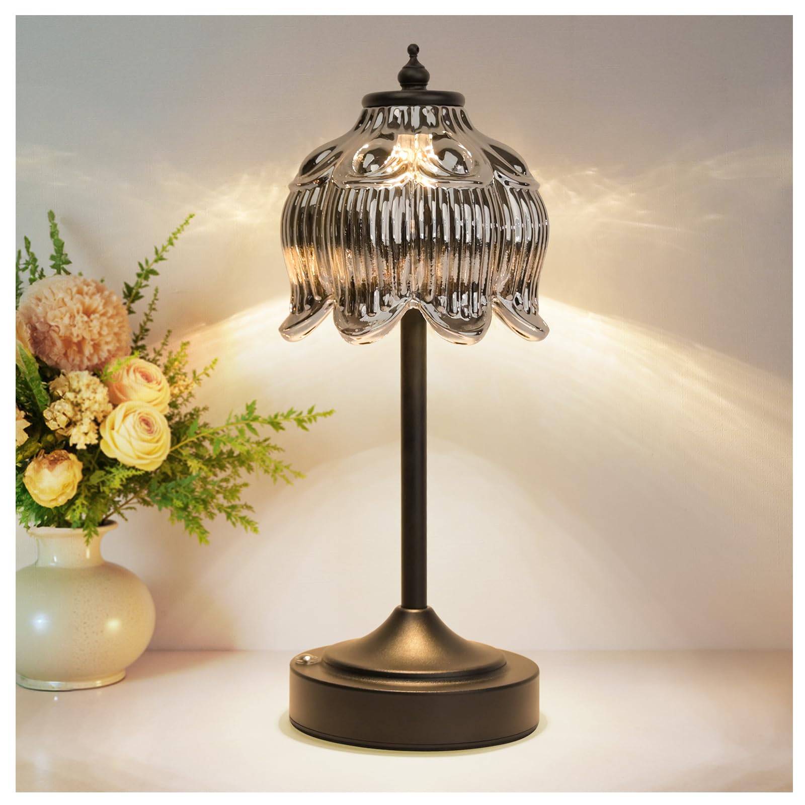 Cordless Lotus Flower Table Lamp, 5200mAh Rechargeable Battery Operated Portable Lamp, 3-Color Dimmable Touch Control Small Desk Lamp for Bedroom, Office, Kitchen, Nightstand,Room Decor (Flower Amber)