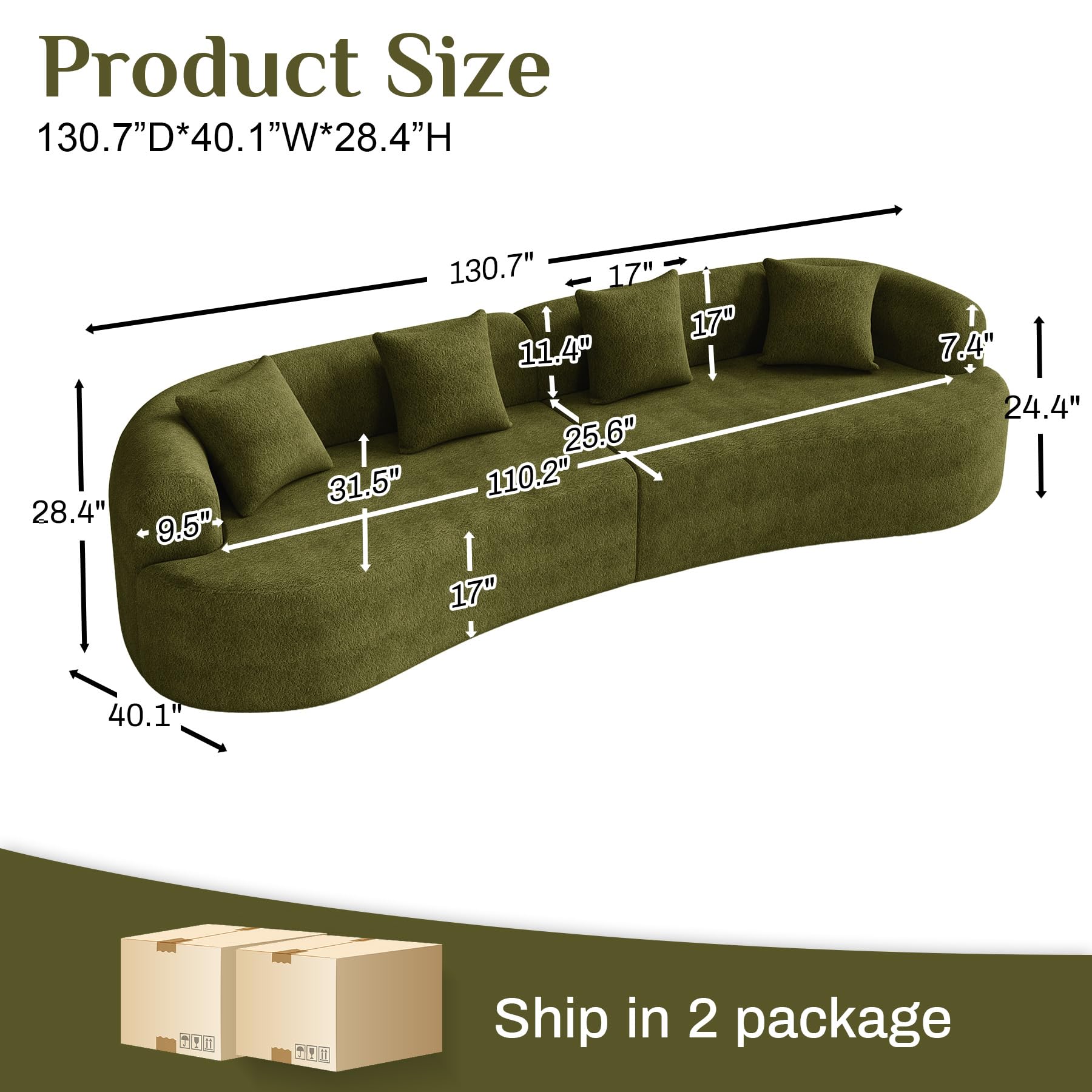 131" Oversized Sectional Sofa for Living Room, Modern Luxury Plush Chenille 4-Seater Extra Deep & Wide Seat Curved Cloud Couch with 4 Throw Pillows, No Assembly Needed, Light Brown