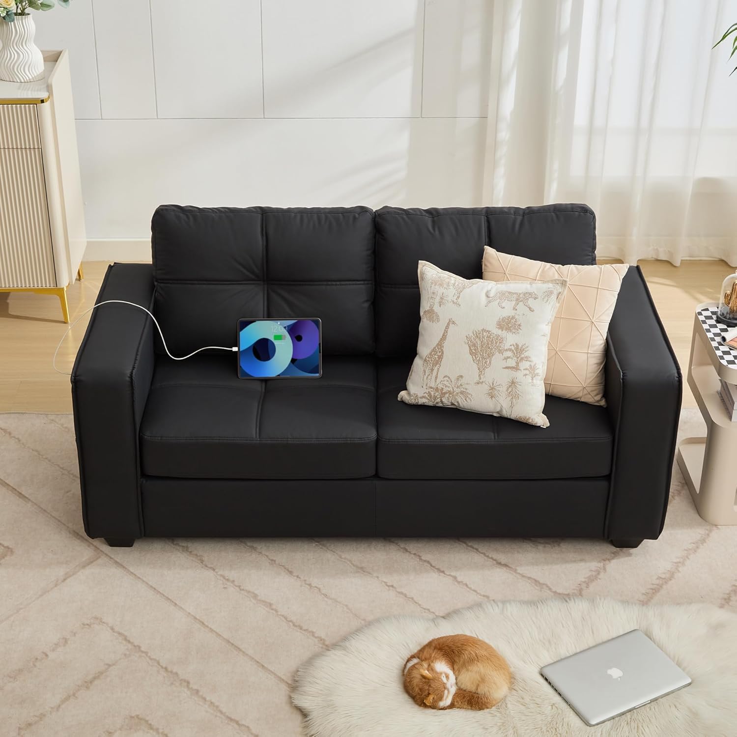 TYBOATLE 88" W Blue Faux Leather L Shaped Sectional Couches w/Side Pockets, Comfy Modular Convertible Sofas w/USB, Office Sofa Set with Chaise for Living Room, Bedroom (Blue, 3L)