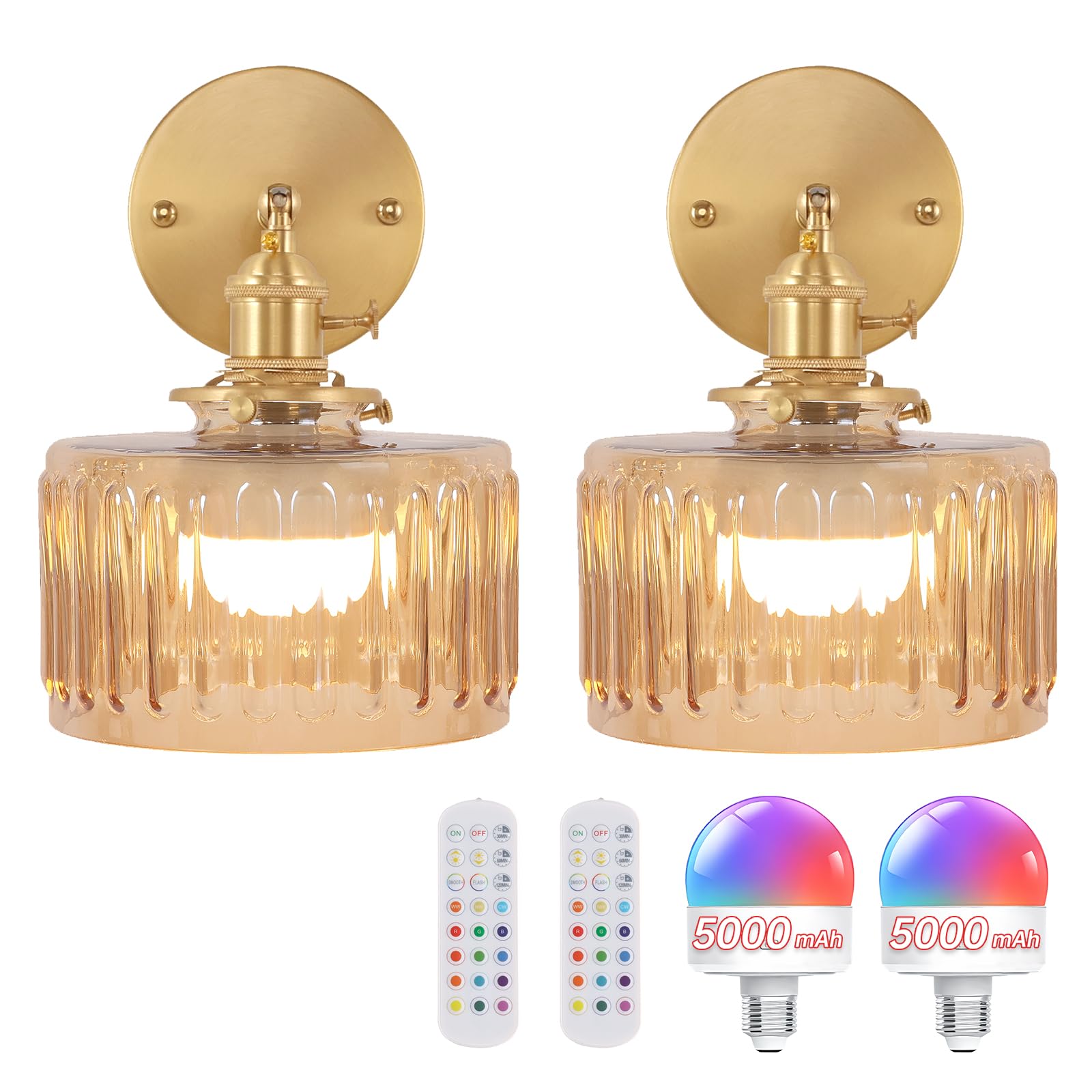 Shenmoyl Vintage Wall Sconce Wall Lamp with Amber Striped Glass Shade Hanging Wall Sconce with 4.9FT Plug in Cord, Modern Wall Lamp Fixtures Decor for Bedside Bedroom Indoor Doorway