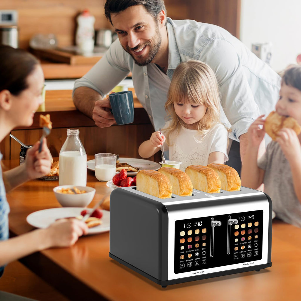 4 Slice Toaster Touch Screen, Stainless Steel Toasters Digital Timer, Dual Control Panel Toasters, 8 Shade Settings 6 Bread Types for Bagel, Cancel, Defrost 1650W