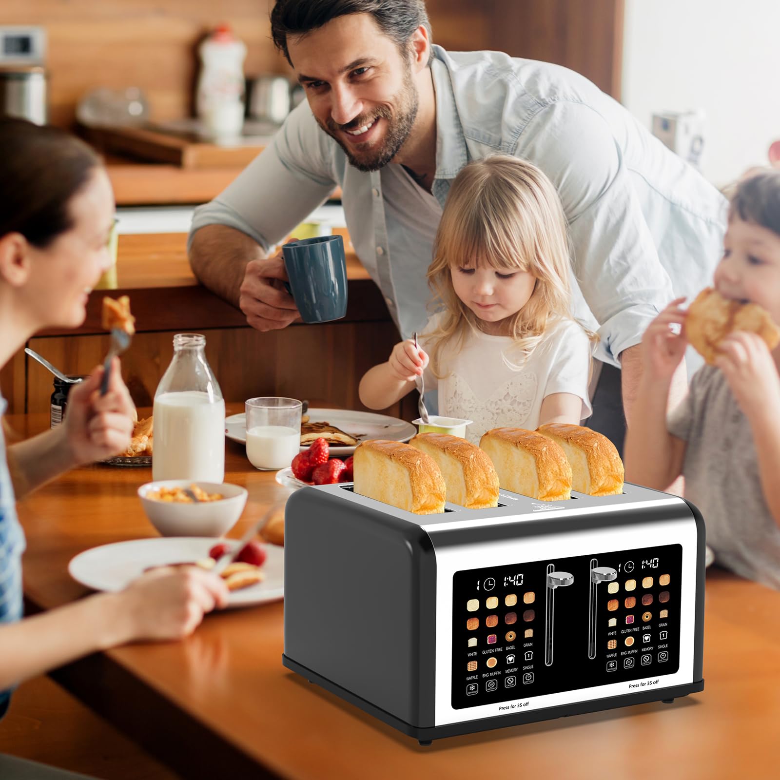 4 Slice Toaster Touch Screen, Stainless Steel Toasters Digital Timer, Dual Control Panel Toasters, 8 Shade Settings 6 Bread Types for Bagel, Cancel, Defrost 1650W