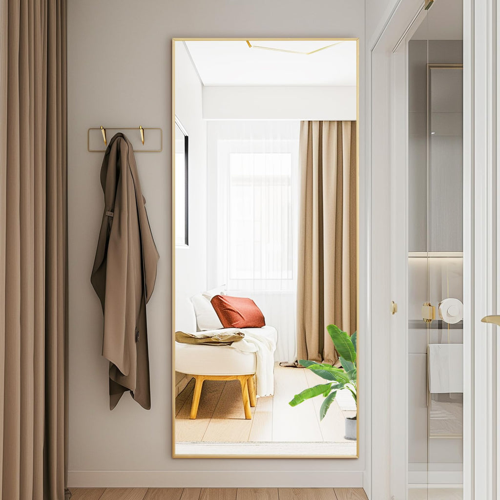 DUMOS Arched Full Length Mirror with Stand 64"x21" Floor Standing Aluminum Frame for Bedroom Body Hanging Leaning Modern Simple Home Decor Shatter-proorf Nano Glass Wall Living Room Cloakroom Black