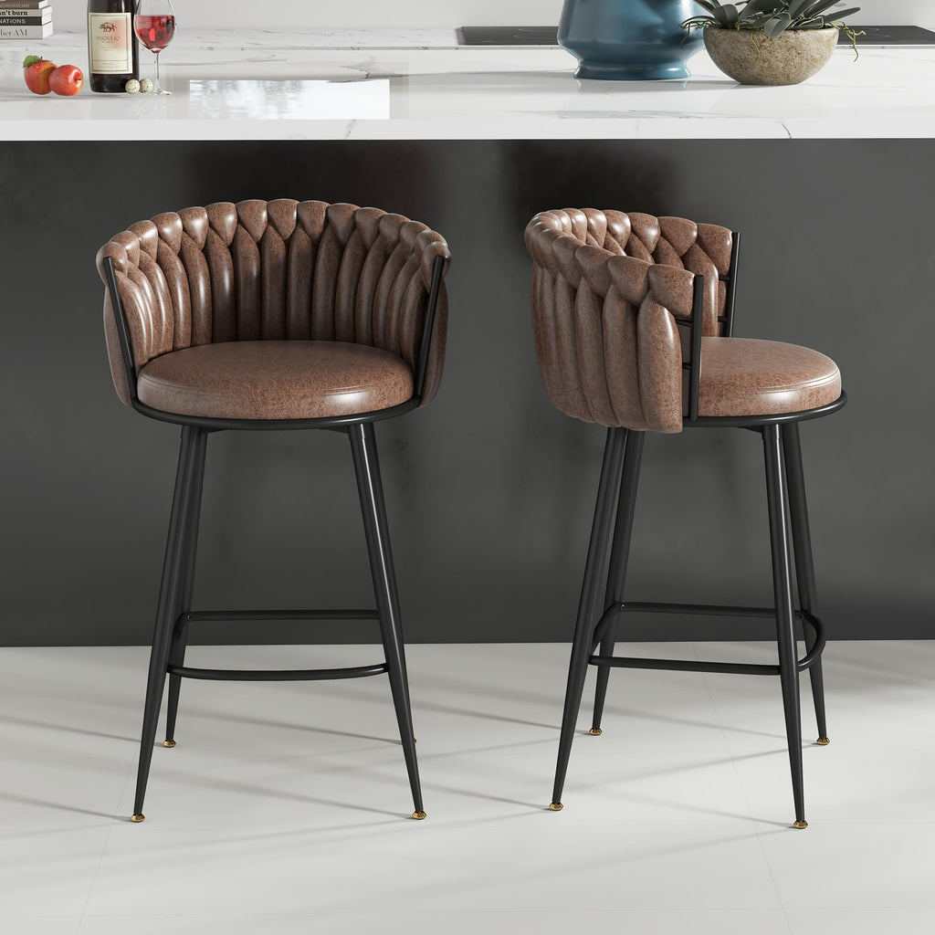 ABET Gold Bar Stool Set of 2, Velvet Swivel Barstools, Height Adjustable Counter Stools with Woven Back, Upholstered Modern Luxury Kitchen Stools with Footrest for Cafe, Pub, Black