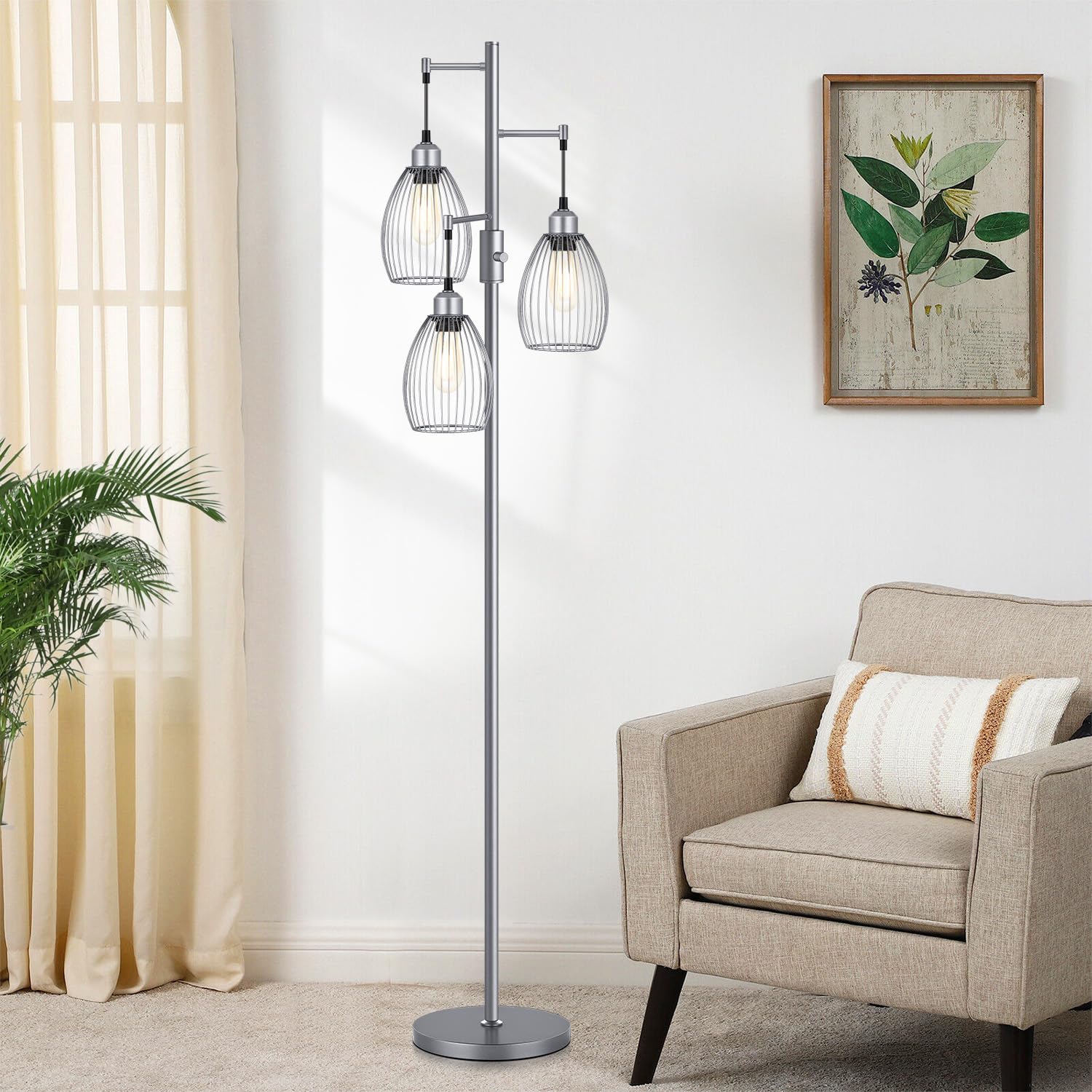 Dimmable Floor Lamp, Industrial Floor Lamps for Living Room, Gold Tree Lamp Standing Lamp Tall Lamps with 3 Elegant Teardrop Cage Head & 800 Lumens LED Bulbs for Living room Bedroom Office Dining Room