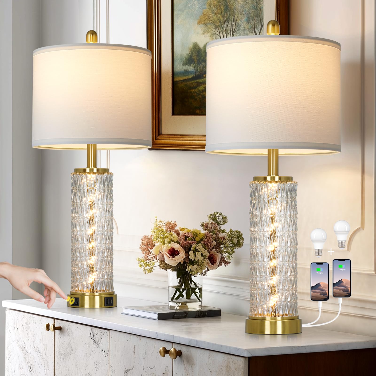 29" Gold Modern Table Lamps Set of 2, 3-Way Dimmable Touch Lamps for Nightstand with USB A+C & Outlets,Brass Lamps for Living Room, Bedroom, Nightstand, Entryway(2 Bulbs Included)