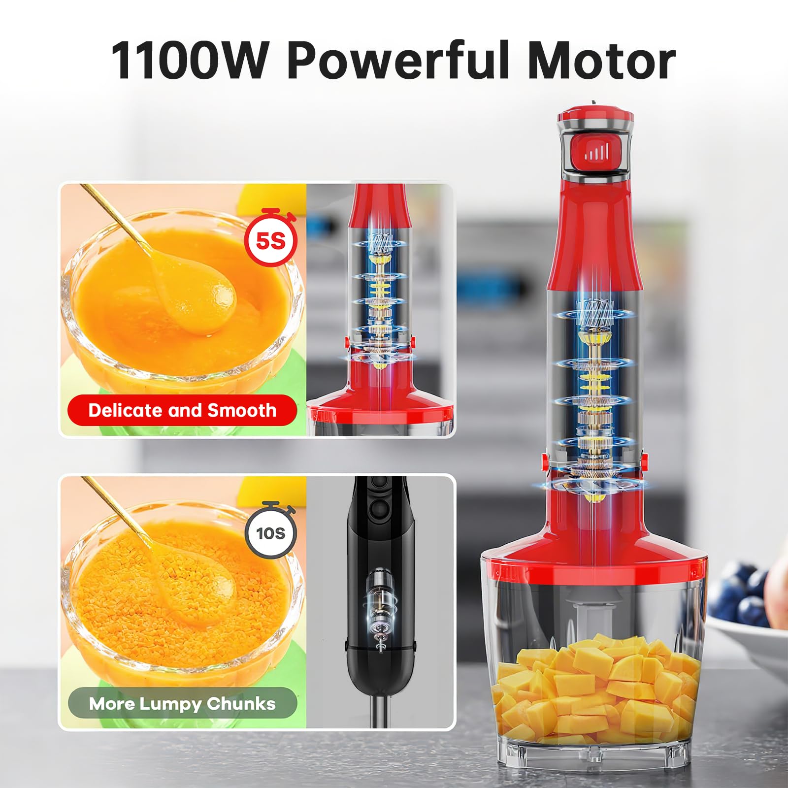 Turelar Immersion Blender Handheld Corded Hand Blenders Set 1100W, Trigger Variable Speed 5 in 1 Stick Emulsifier with Chopper, Whisk and Frother for Soup, Baby Food and Smoothies, Navy Blue