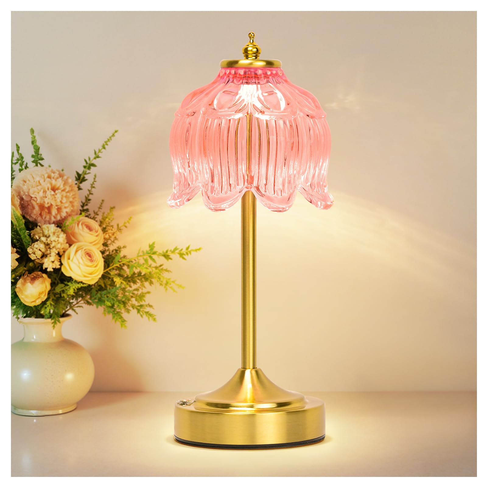 Cordless Lotus Flower Table Lamp, 5200mAh Rechargeable Battery Operated Portable Lamp, 3-Color Dimmable Touch Control Small Desk Lamp for Bedroom, Office, Kitchen, Nightstand,Room Decor (Flower Amber)