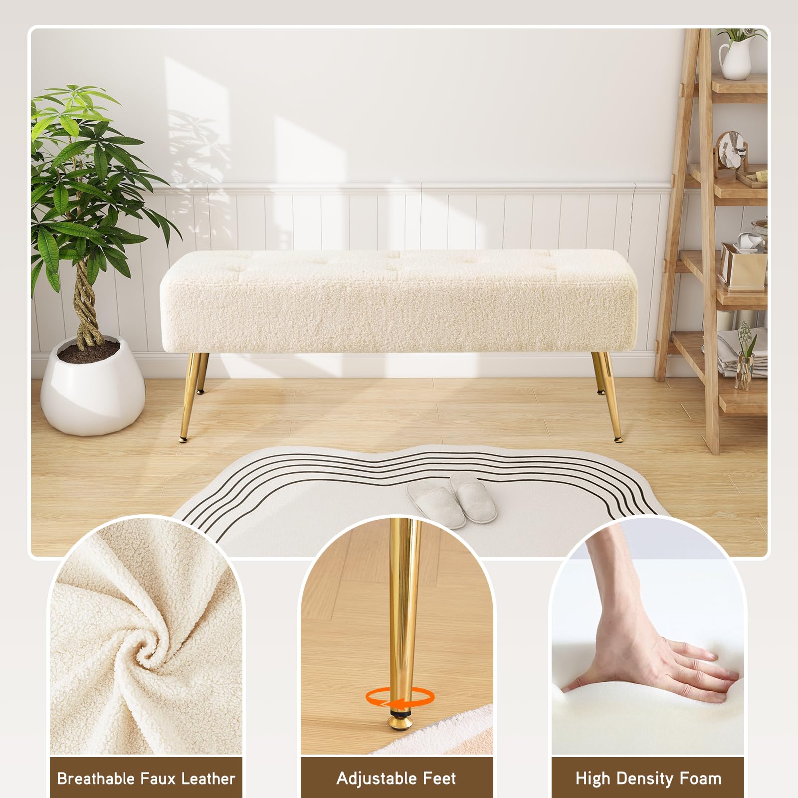 Furnimart 44 Inch Green Velvet Bench Ottoman Comfortable Footrest Stool Table Bench Dining Bench Tufting Bench Indoor Bench with Gold Legs for Living Room Bedroom Entryway (Velvet-Green)