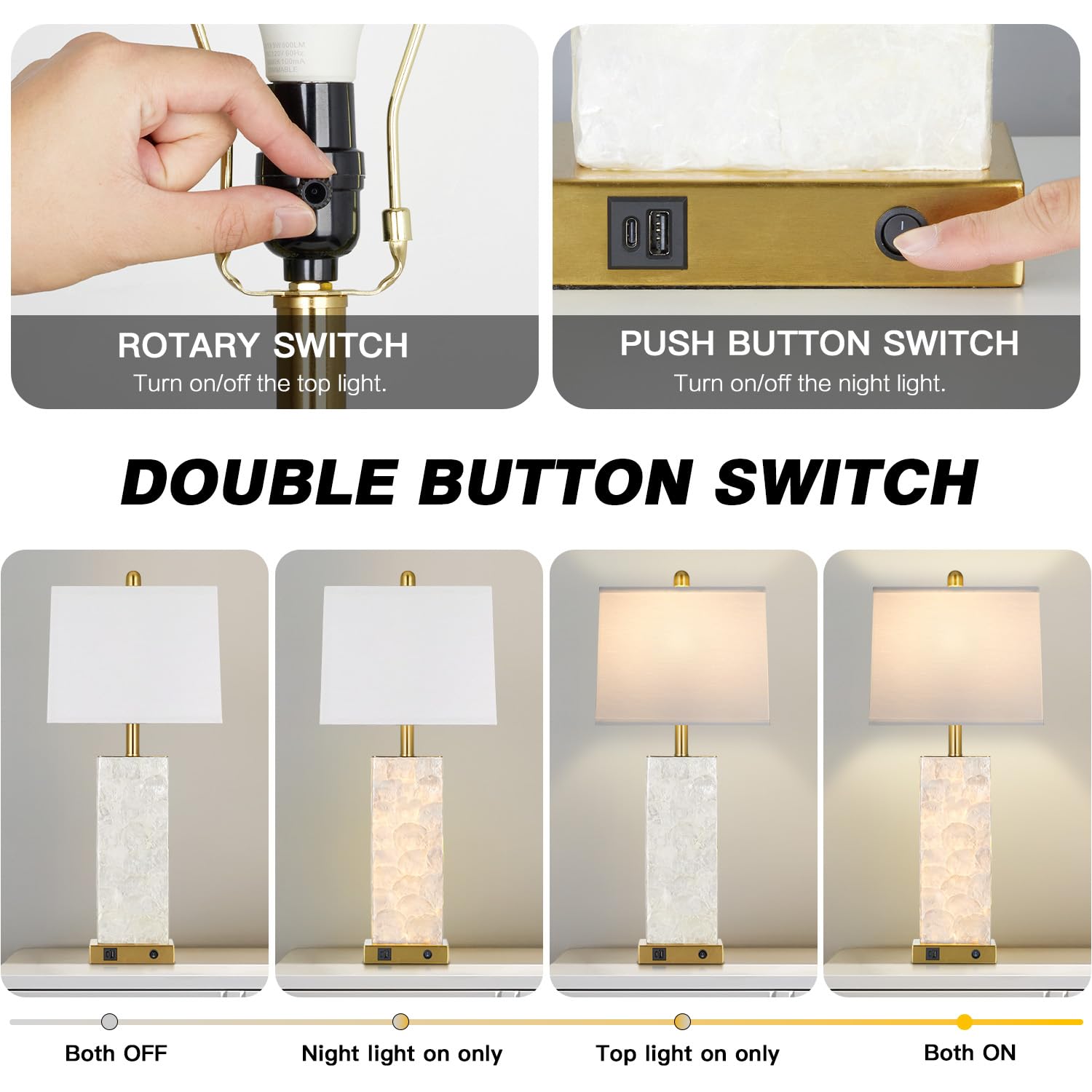 29" Gold Modern Table Lamps Set of 2, 3-Way Dimmable Touch Lamps for Nightstand with USB A+C & Outlets,Brass Lamps for Living Room, Bedroom, Nightstand, Entryway(2 Bulbs Included)