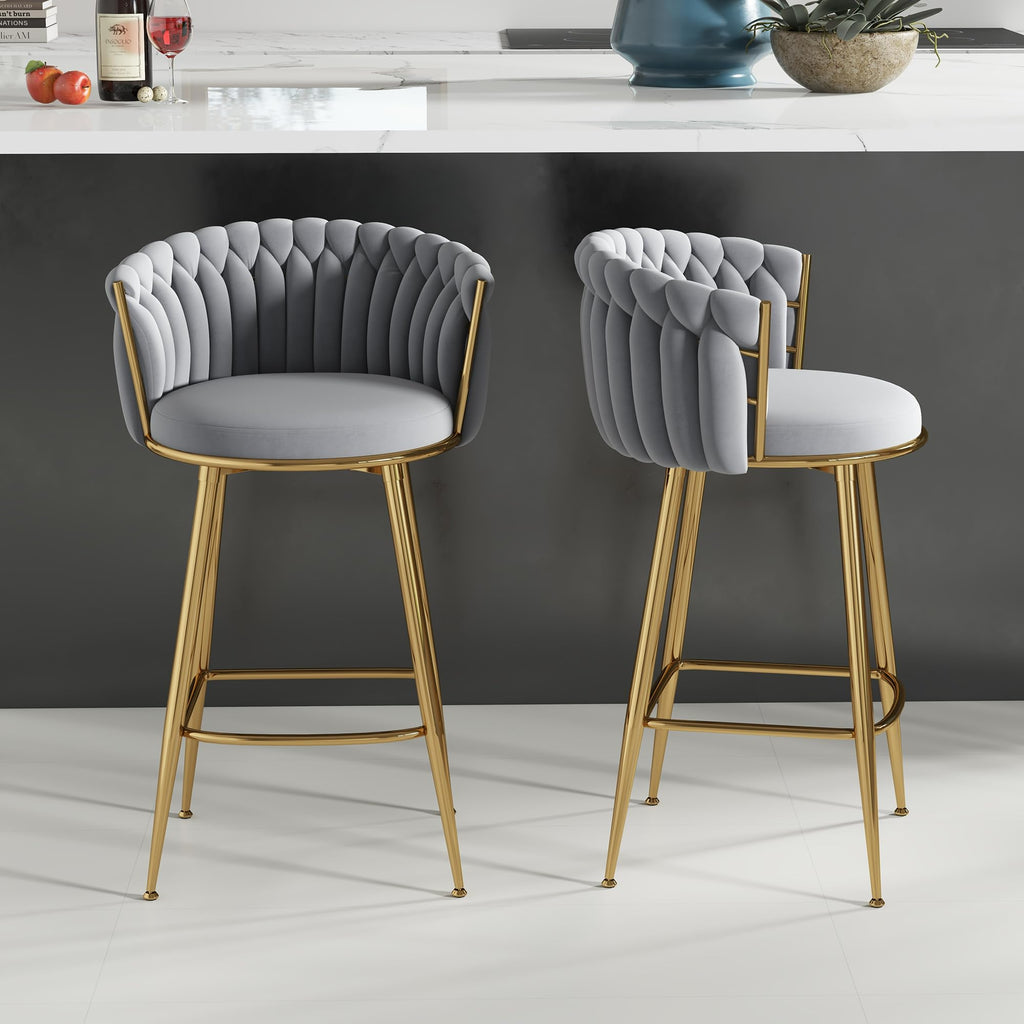 ABET Gold Bar Stool Set of 2, Velvet Swivel Barstools, Height Adjustable Counter Stools with Woven Back, Upholstered Modern Luxury Kitchen Stools with Footrest for Cafe, Pub, Black