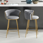 ABET Gold Bar Stool Set of 2, Velvet Swivel Barstools, Height Adjustable Counter Stools with Woven Back, Upholstered Modern Luxury Kitchen Stools with Footrest for Cafe, Pub, Black